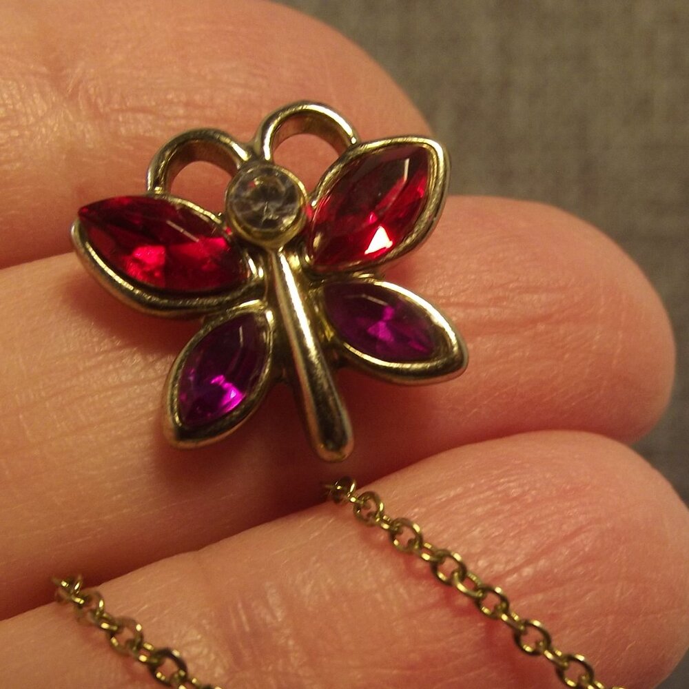Butterfly Pendant Necklace Purple & Red Crystals Gold Tone Chain & Setting